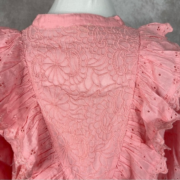 BYTIMO Broderie Ruffle Trim Eyelet Lace Anglaise Shirt In Pink Women's Size S - Picture 10 of 11